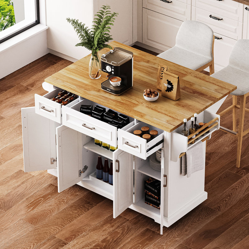 54Inch Large Kitchen Island With Rubber Wood Drop Leaf, Embossed Texture Rolling Kitchen Cart On 4 Wheels With 4 Doors And 3 Drawers, Kitchen Island With Storage For Kitchen, Dining Room,White