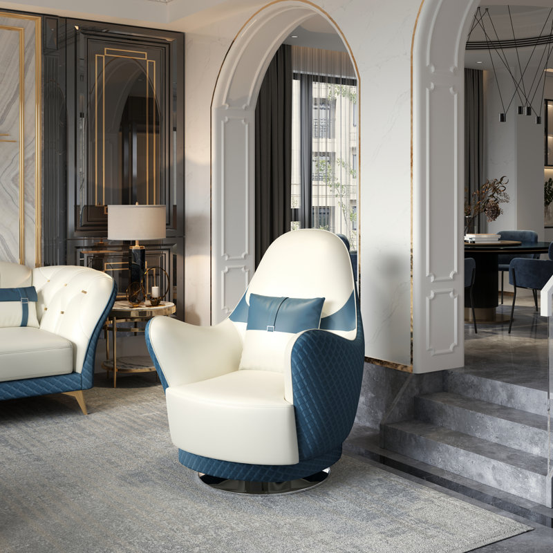 Amalia Swivel Club Chair, White/Blue Genuine Leather