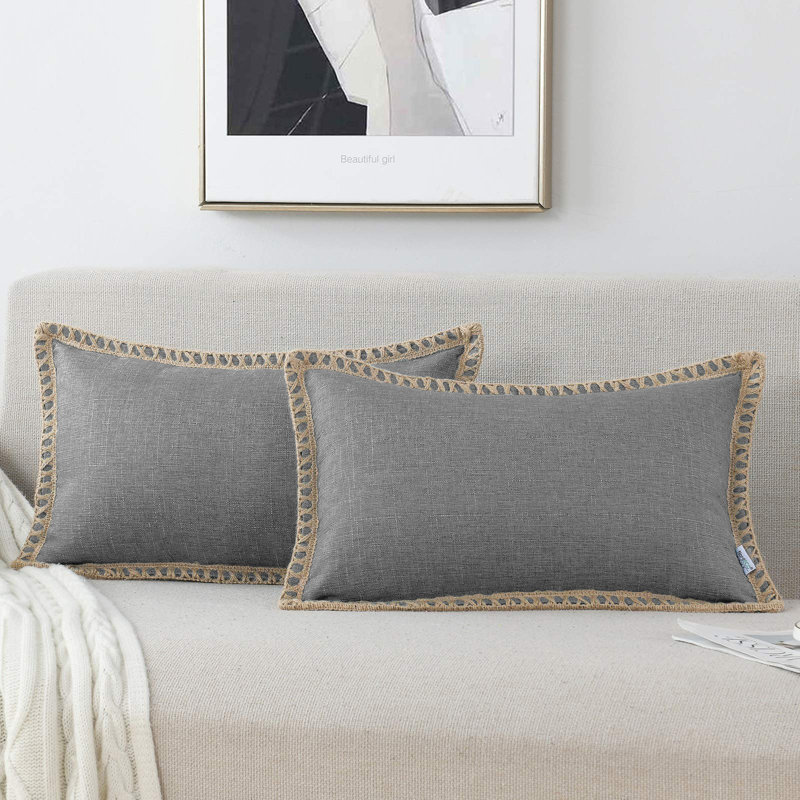 Housse de coussin en lin et polyester Farmhouse, H 14 po x l 24 po, Gris, Forme rectangulaire