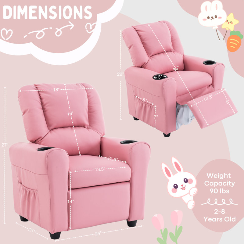 Esca Kids Recliner with 2 Cup Holder, Light Pink