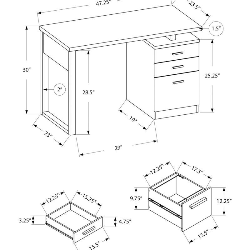 Bureau d'ordinateur, bureau personnel, ordinateur portable, installation à gauche, à droite, tiroirs de rangement, L 48 po, travail, stratifié, métal noir, contemporain, moderne