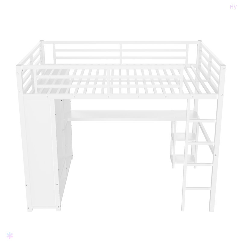 Structure de lit mezzanine avec garde-robe intégrée, lit mezzanine en métal avec bureau et tablettes de rangement, Grand