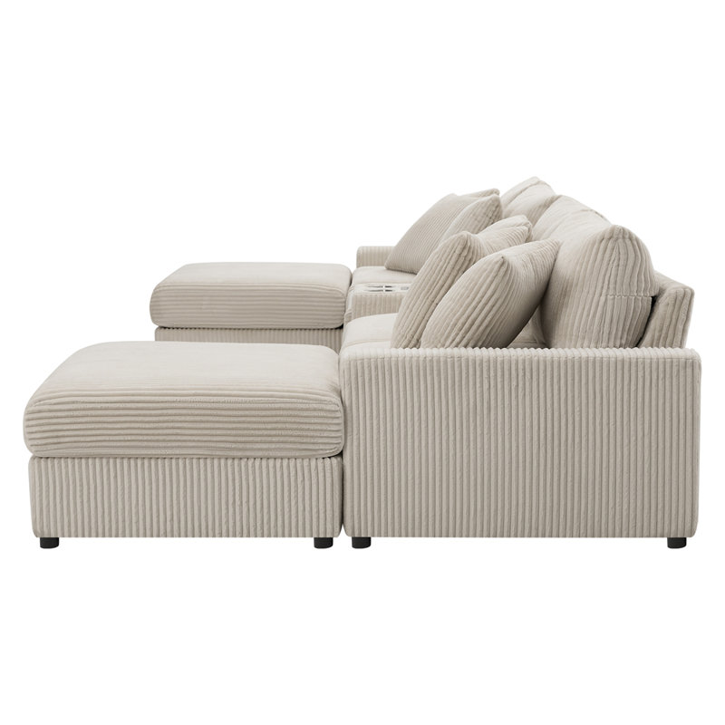 Canapé modulaire 144 * 64 po en velours côtelé avec haut-parleurs Bluetooth, canapé en U avec console, chargeur USB, porte-gobelets, rangement, repose-pieds, canapé à sièges profonds et larges