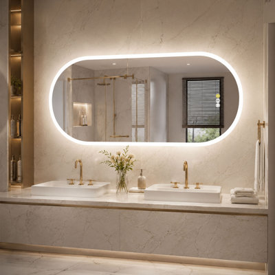 Miroir de salle de bain DEL sans cadre avec éclairage avant et arrière, intensité réglable, 3 températures de couleur, antibuée, commande tactile