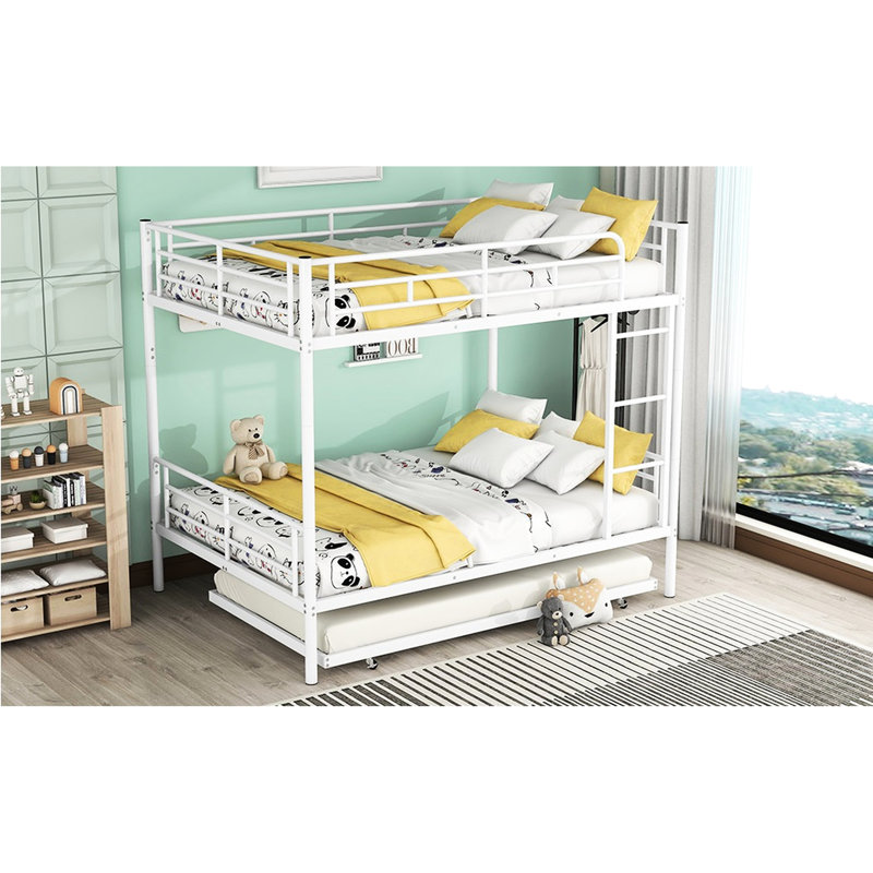 Lit superposé double en métal blanc avec lit gigogne - Style contemporain, construction robuste et en fer, option de couchage moderne et polyvalente pour les familles