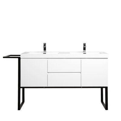 Claren 60 po L x 20 po P 2 portes et 2 tiroirs Meuble-lavabo autoportant avec évier simple et Comptoir en Acrylique blanc