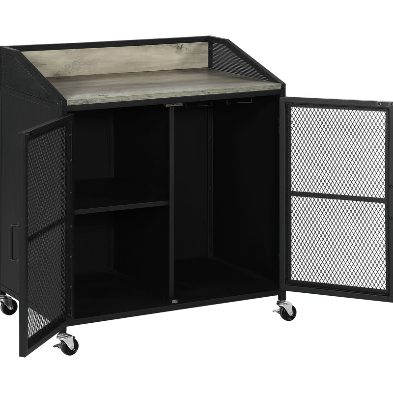 Armoire à vin 2 portes pour salle à manger avec plateau gris délavé, style rustique et design à mobilité réduite, finition noir sablé, plateau sans effort