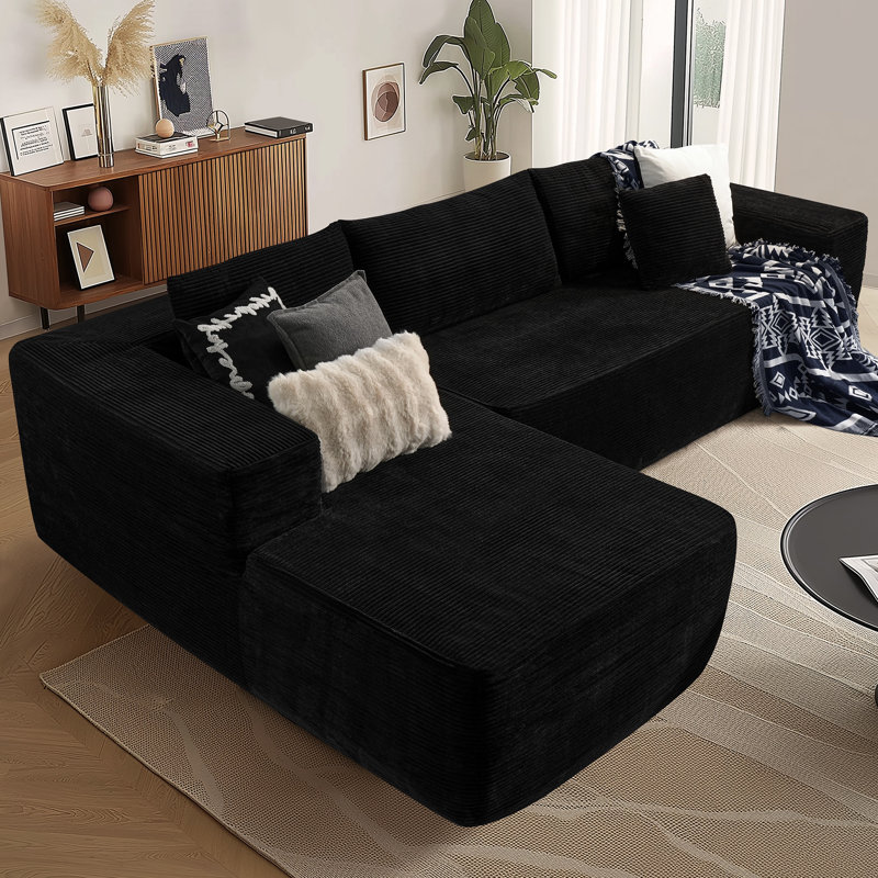 Canapé modulaire à 2 pièces avec rembourrage Co² Boneless, aucun assemblage requis, Velours côtelé noir, Face à la gauche