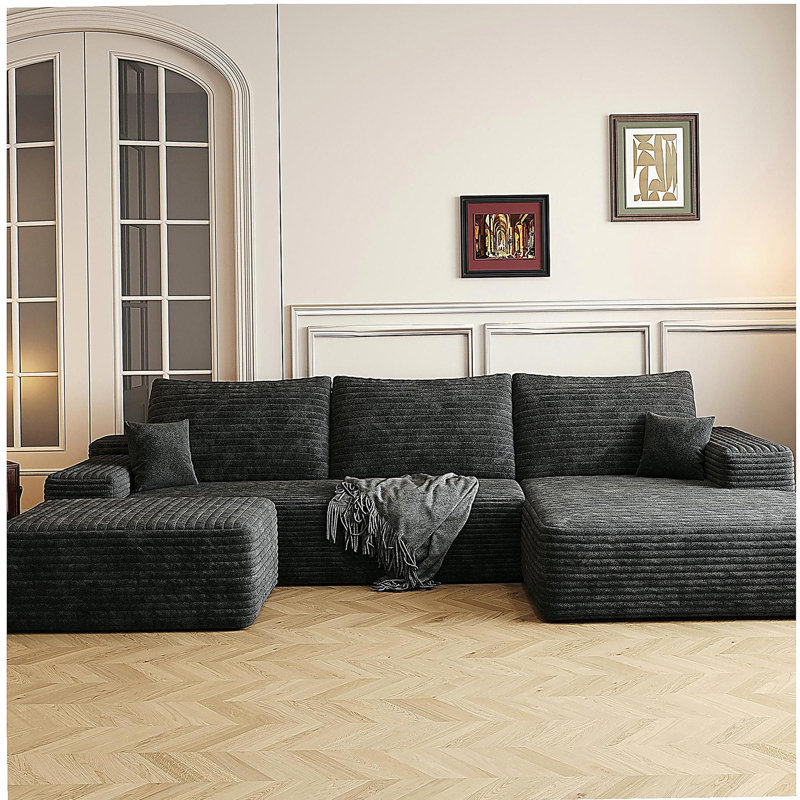 Ensemble de canapé de 107 pouces avec 1 repose-pieds, canapé en tissu simple et moderne, canapé en forme de U confortable, convient au salon, canapé d'angle à siège profond, aucun assemblage requis, noir (tissu en flanelle douce)
