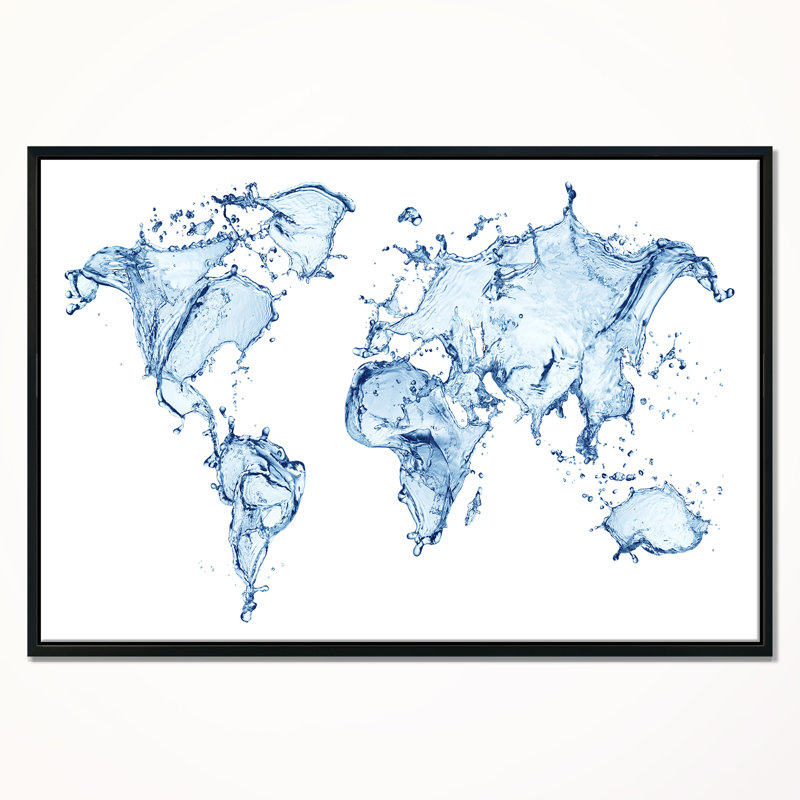World Map Water Splash - Print, 12" H x 20" W x 1" D, Floater Framed Canvas