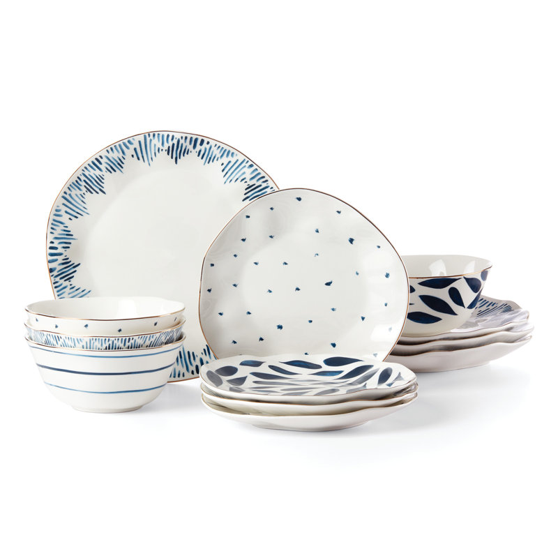 Blue and White Porcelain 12-Piece Floral Dinnerware Set