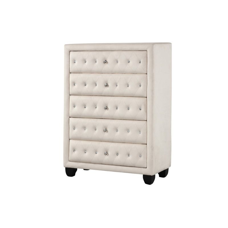 Commode capitonnée en cristal capitonnée à 5 tiroirs Sophia, Crème