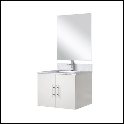 Meuble-lavabo simple blanc lustré 24 po X P 22 po D, comptoir en marbre de Carrare, 18 po Ensemble miroir et robinet