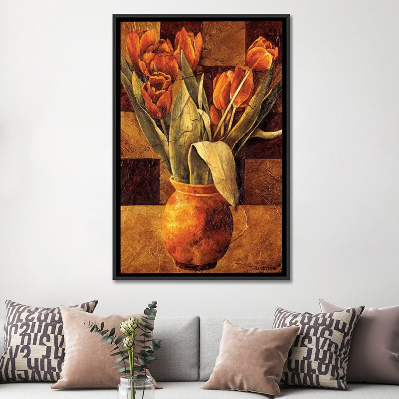 «Checkered Tulips II», impression sur toile, H 26 po x l 18 po x P 1,5 po, Toile avec cadre flottant noir, Pas de tapis