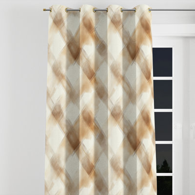 Country Farmhouse Velvet Curtains - Brown Warm Sand Plaid Grommet Curtain - 1 Panel