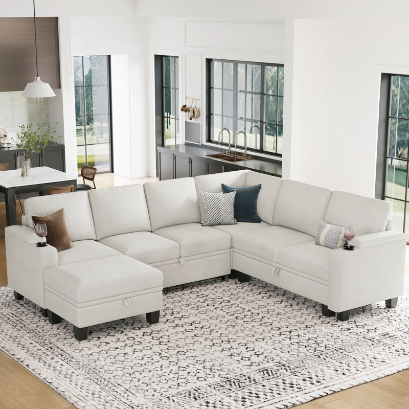 Penelopa Chenille U-Shaped Sofa Bed Storage Modular Sofa Bed With Ottoman & Cup Holder, Beige Chenille
