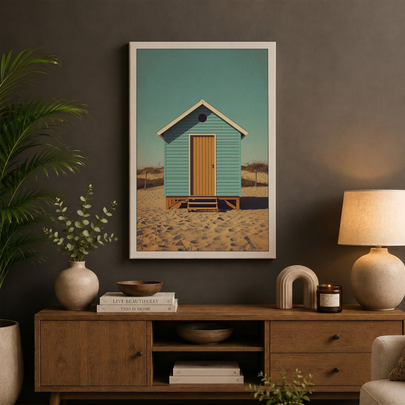 Solitary Beach Hut Coastal - Wrapped Canvas, 18x12 - 45.7 x 30.5 cm, Taupe Border