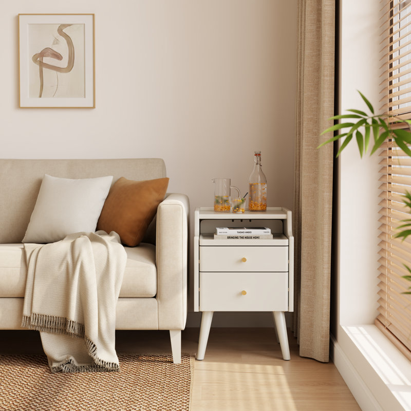 Narrow Solid Wood Nightstand with 2 Drawers, White, 15.74"W