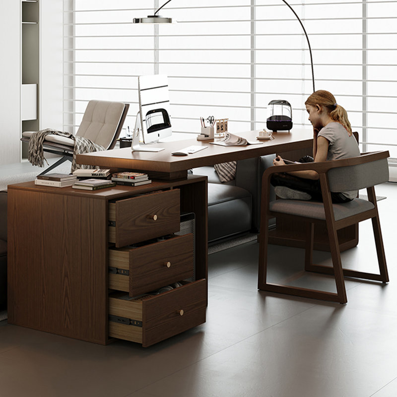 Bureau rectangulaire à 3 tiroirs en bois massif de couleur noyer clair, H 29,53 po x l 62,99 po x P 27,56 po