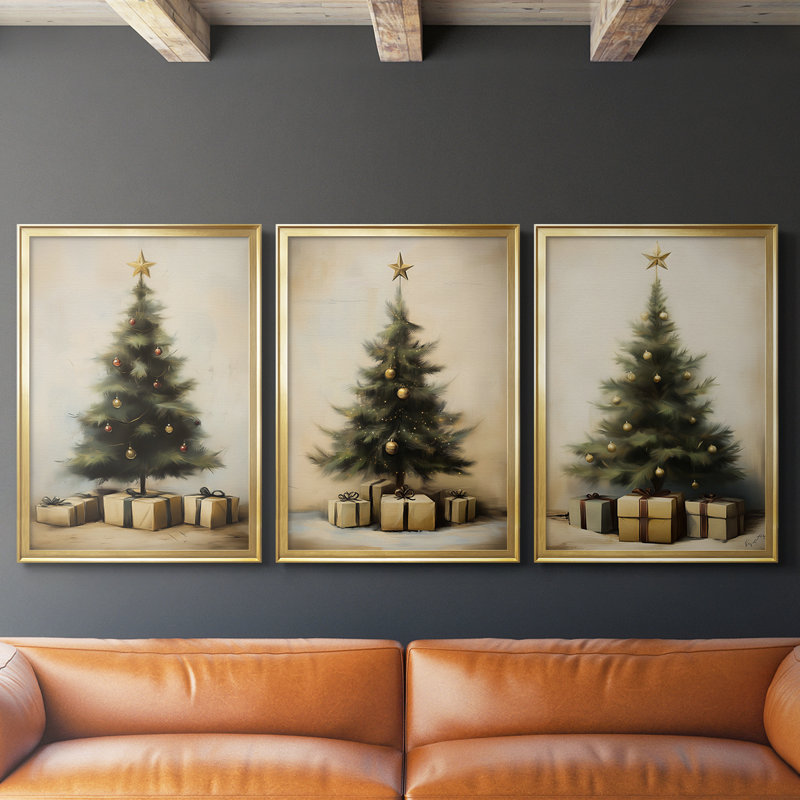 Art des Fêtes de Noël -Série 2-Cccxxxxi-3 - Toile tendue avec châssis encadré - 3 pièces, H 30 po x l 63 po, Doré
