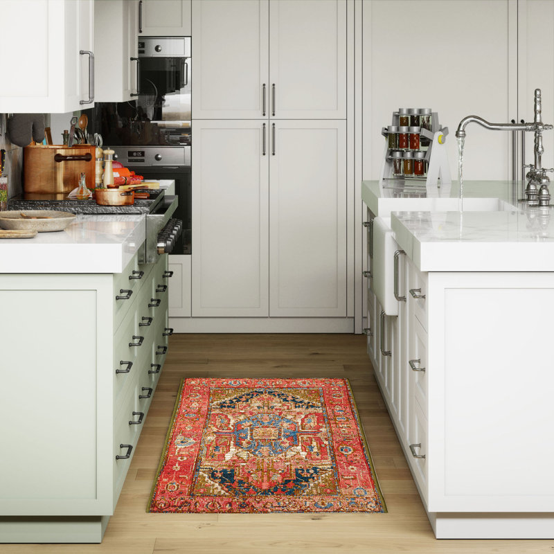 Tapis de cuisine intérieur / extérieur Lizia saumon / bleu marine / rose Heriz, Rectangle 2 pi x 2 pi 10 po