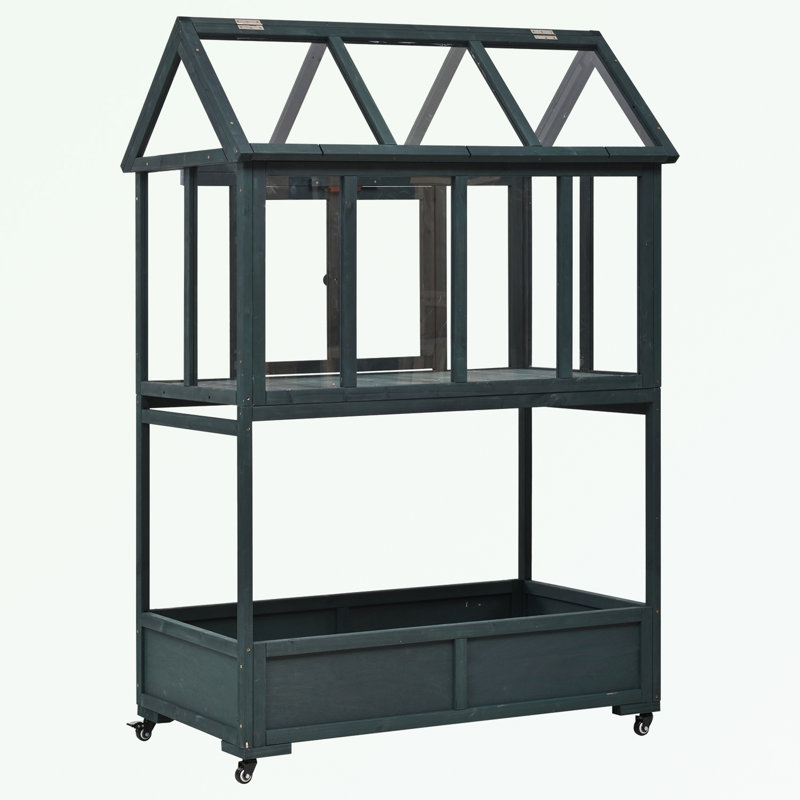 Potting Bench with Movable Wheels, Openable Roof and Storage Box, Green