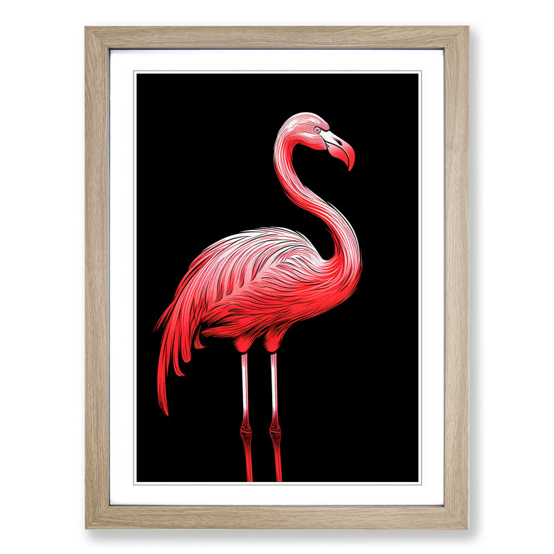 Flamingo Line No.2 - Single Picture Frame Print on Wood, Oak Framed, 64cm H x 46cm W