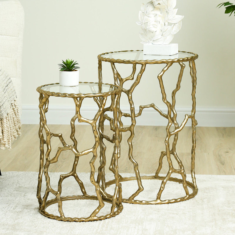 Gold Metal Round Nesting End Table for Living Room Furniture, Glass Top Nest of Side Tables