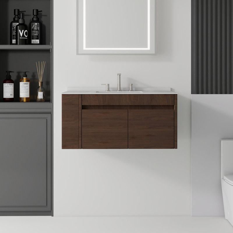 Meuble-lavabo flottant 36 po avec lavabo, porte à fermeture douce, comptoir en granite blanc 0,6 po et dosseret, contreplaqué, brun