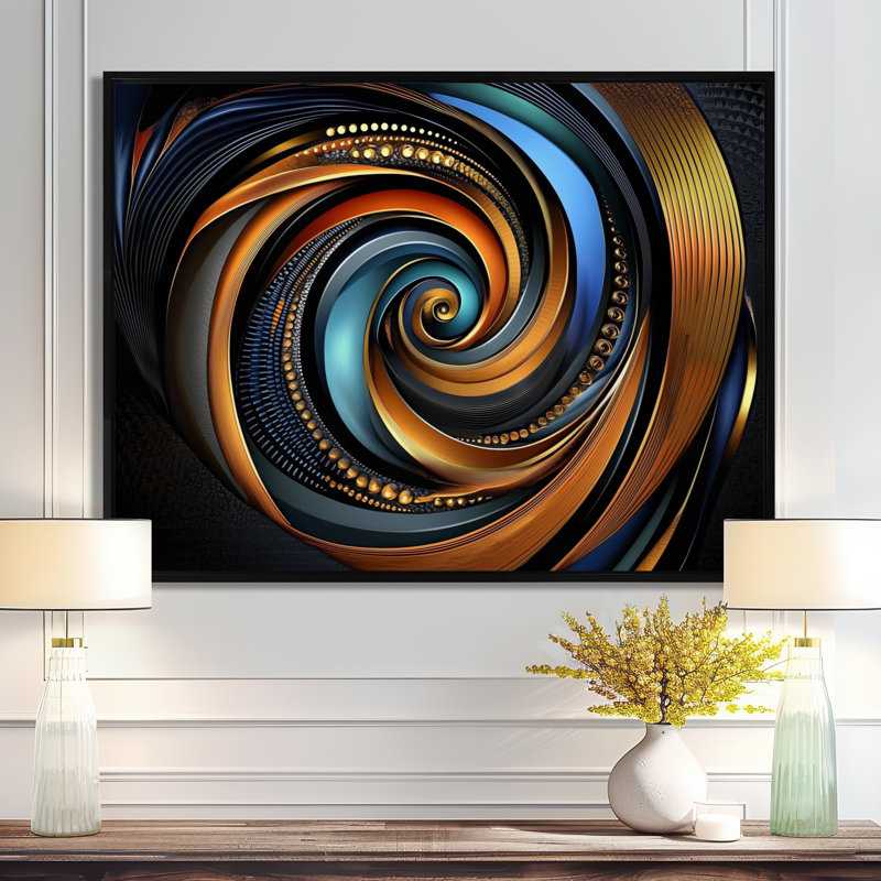 Golden Fractal Celestial Spiral Balance V - Abstract  Fractal Wall Art Print, Black, Floater Framed Print, 16" H x 32" W
