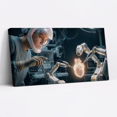 Chirurgien robotique et bras avec cœur holographique, tableau sur toile