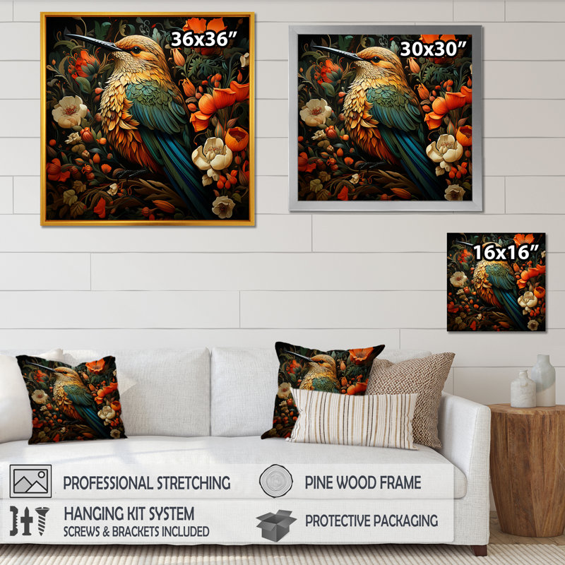 «Hummingbird Gardens Guardian», art mural colibri, Cadre flottant doré, H 30 po x l 30 po x P 1,5 po