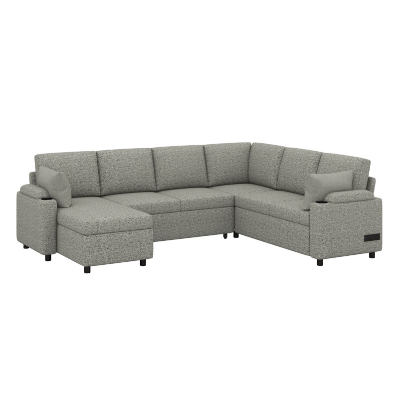 Canapé modulaire de 109,9 po, canapé en U polyvalent, deux porte-gobelets et ports de chargement pour le salon, Gris clair