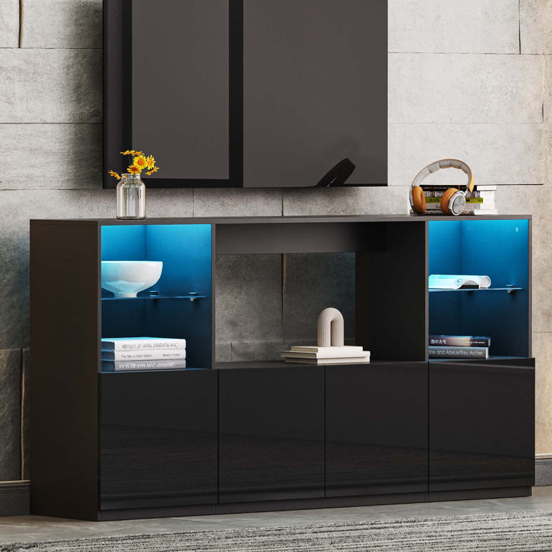 Meuble télé avec lumières DEL, buffet moderne avec grande armoire de rangement, console multimédia avec tablettes en verre trempé pour téléviseur de 75 po ou moins