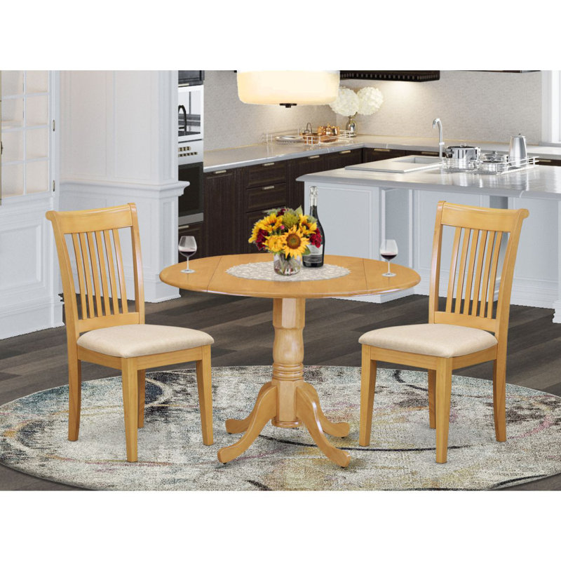 3 Piece Dining Set Contains a Round Dining Table with Dropleaf and 2 Linen Fabric Kitchen Room Chairs, 42x42 Inch, Oak