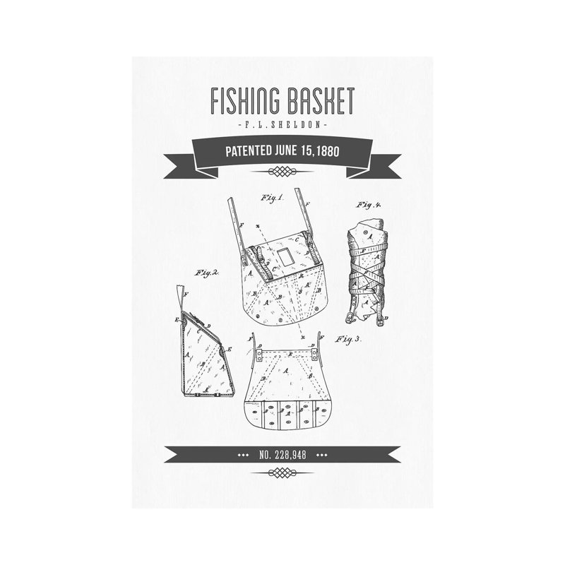 F.L. Sheldon Fishing Basket Patent Sketch Retro (Charcoal) by Aged Pixel - Wrapped Canvas Gallery-Wrapped Canvas Giclée