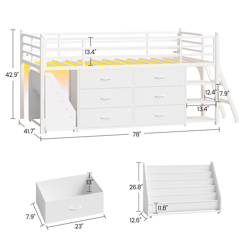Low Loft Bed Twin Size With 6 Storage Drawers, Metal Loft Bed With 5-tier Mobile Bookshelf And Led Lights, Under-bed Play Space, No Box Spring Needed