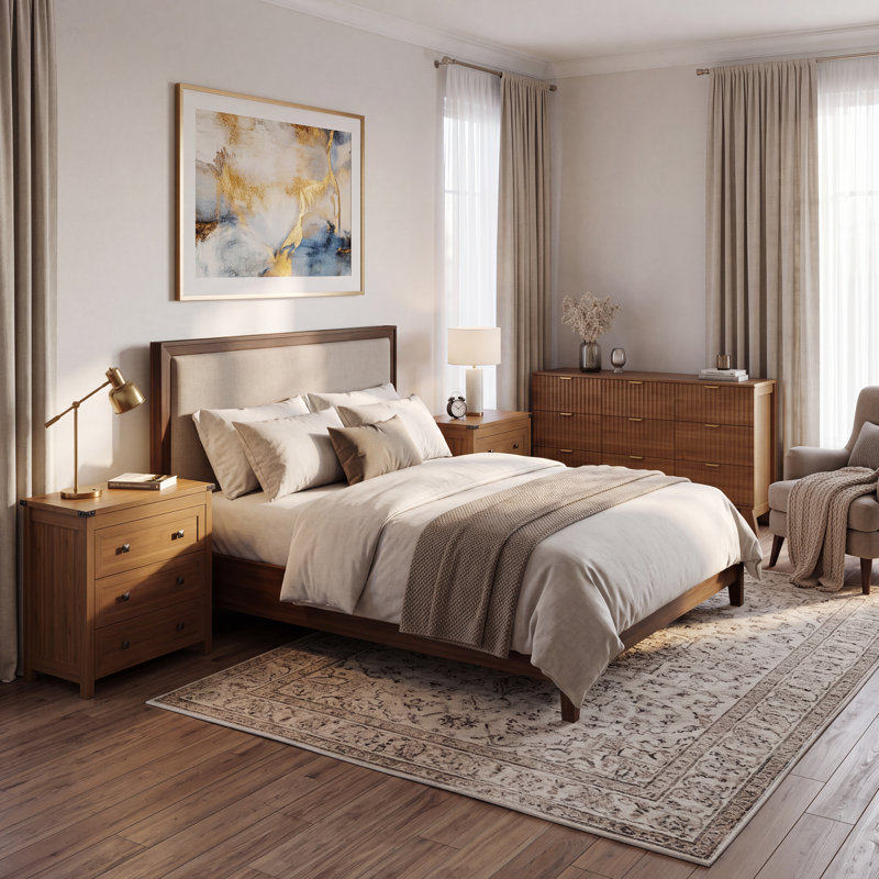 Ensemble de chambre à coucher moderne 3 pièces, commode double 9 tiroirs l 57 po avec 2 tables de chevet 26,4 po l, Walnut