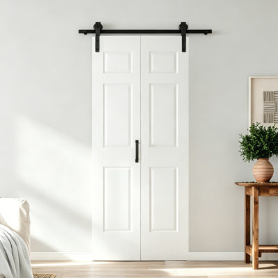 CHIC MODE Doors 24 in. x 84 in. White 6 Panel Hollow Core Bifold Barn Door with Hardware