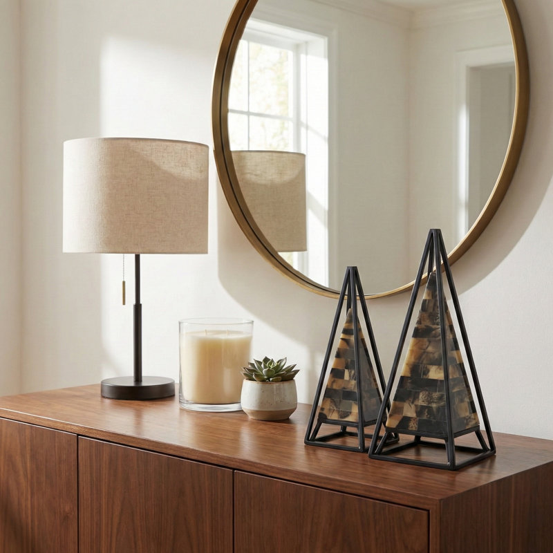Modern Resin Pyramid Sculpture Objects with Iron Frame for Home Decor - Decorative Accent for Living Room Decoration - Set of 2, 13",12", Tan & Black