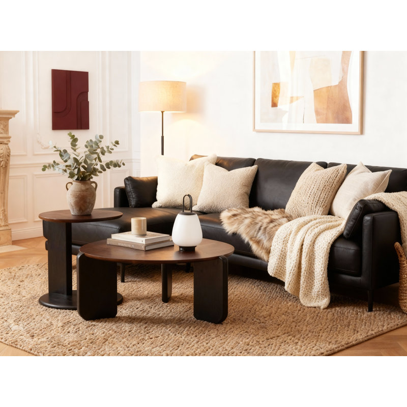Ensemble de tables basses rondes modernes en bois foncé 31 po, Plateau noyer / base noire
