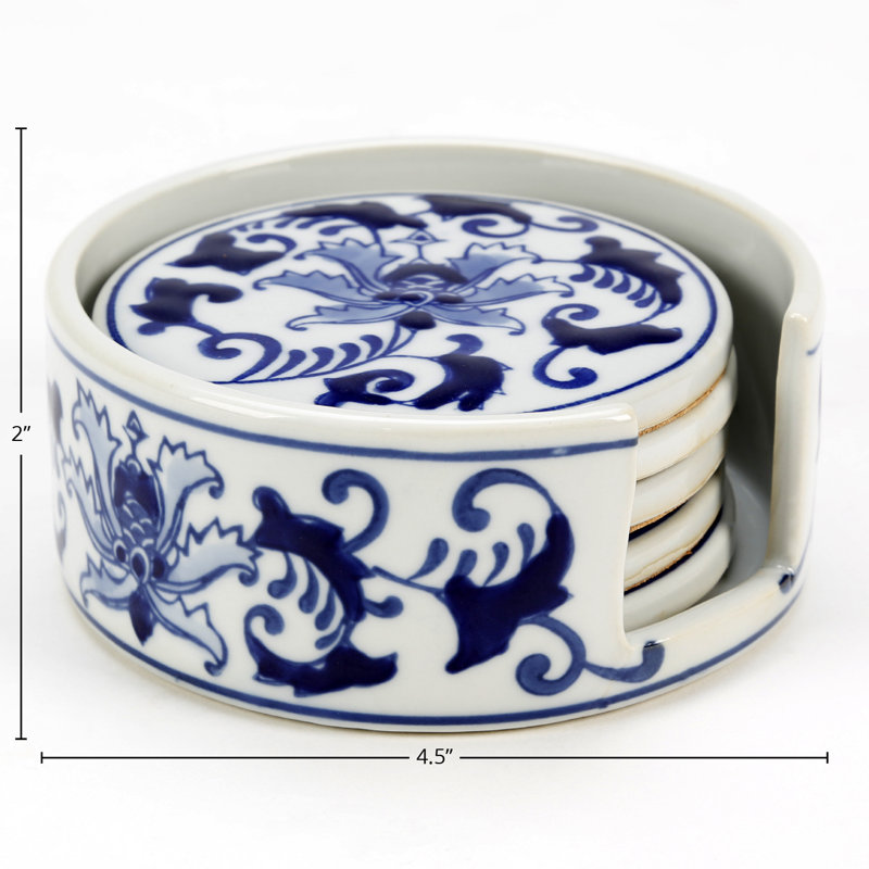 Set Of 5 Coasters, Blue And White Floral Design