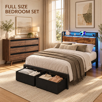 Platform Bed and 6-Drawer Dresser Bedroom Set with LED Lighted Headboard and Under-Bed Storage