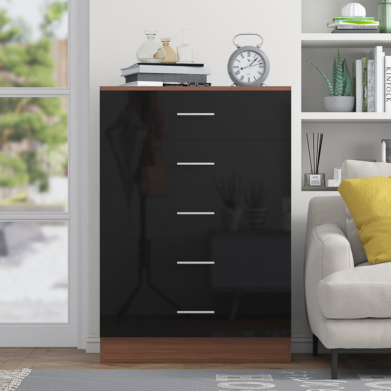 Eva High Gloss 5 Drawer Chest Of Drawers - H: 100cm x D: 40cm x W: 70cm, Walnut/Gloss Black