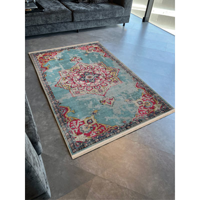 Tapis décoratif rétro multicolore à motif traditionnel Turquoise