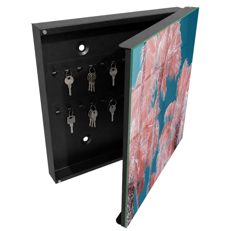 Key storage box, Opens to the left, 30x30x5, Black, Pink palm trees on a blue background, 