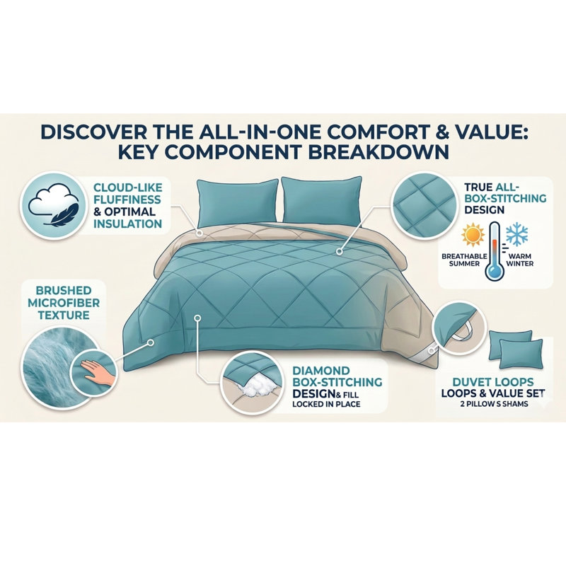 11513 Box Stitch Comforter, Blue, Full/Queen Comforter + 2 Shams