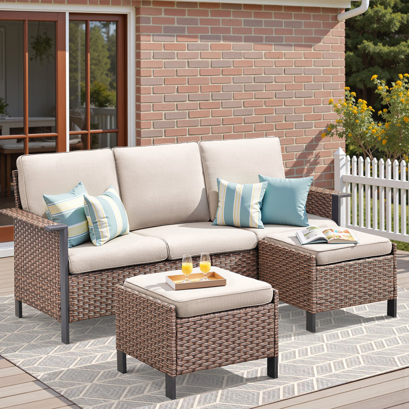 Canapé d'extérieur avec accoudoirs en rotin Coady, Beige, Brun