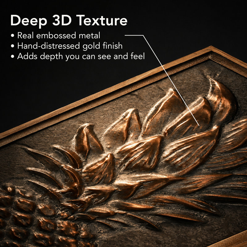 Metal 3D Pineapple Dimensional Wall Art Panel with Distressed Wood Frame, Tropical Decor 42.5"x20"