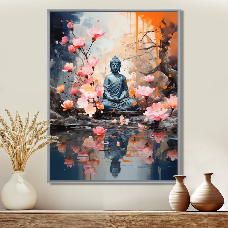 Floral Buddha In Meditation I sur impression sur toile, H 32 po x l 24 po x P 1 po, Cadre argenté flottant